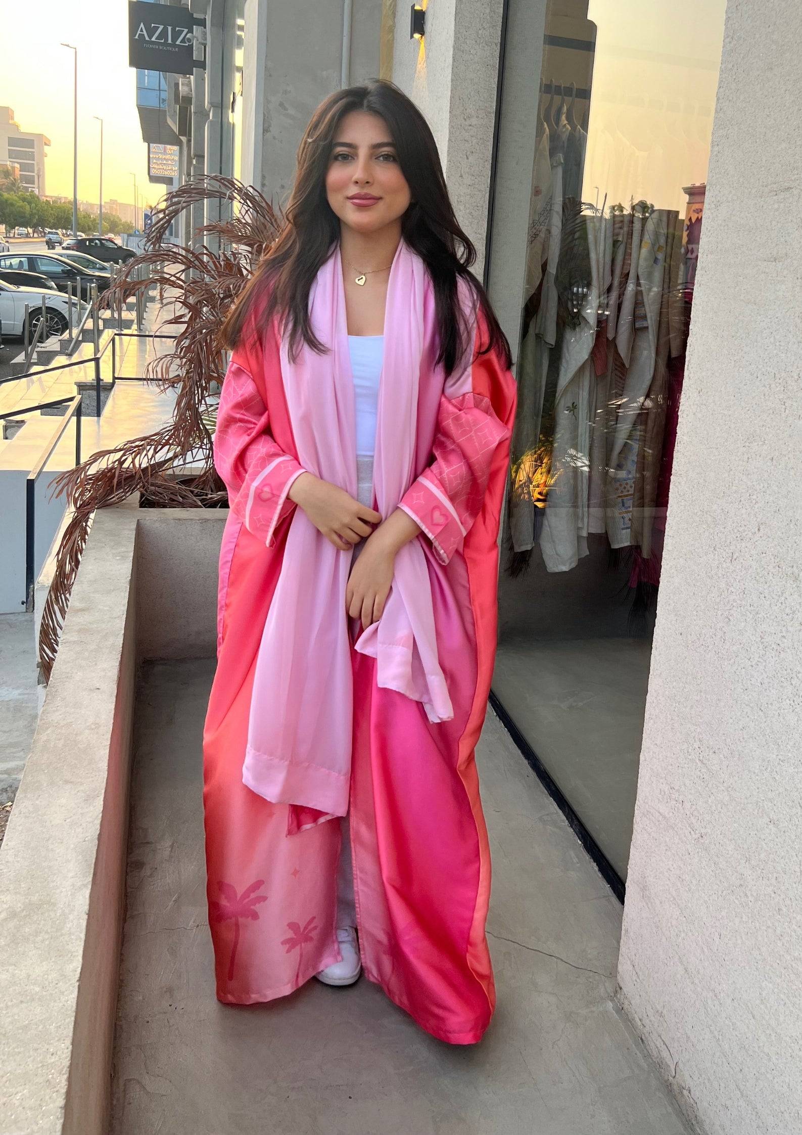 Full front view of Barbie-Inspired Pink Abaya Set with scarf, styled for a chic and modest fashion statement.