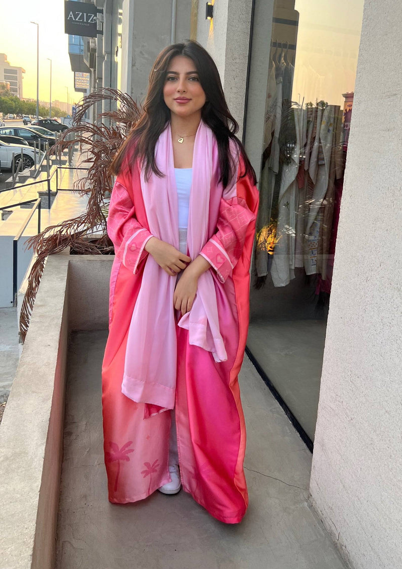 Full front view of Barbie-Inspired Pink Abaya Set with scarf, styled for a chic and modest fashion statement.