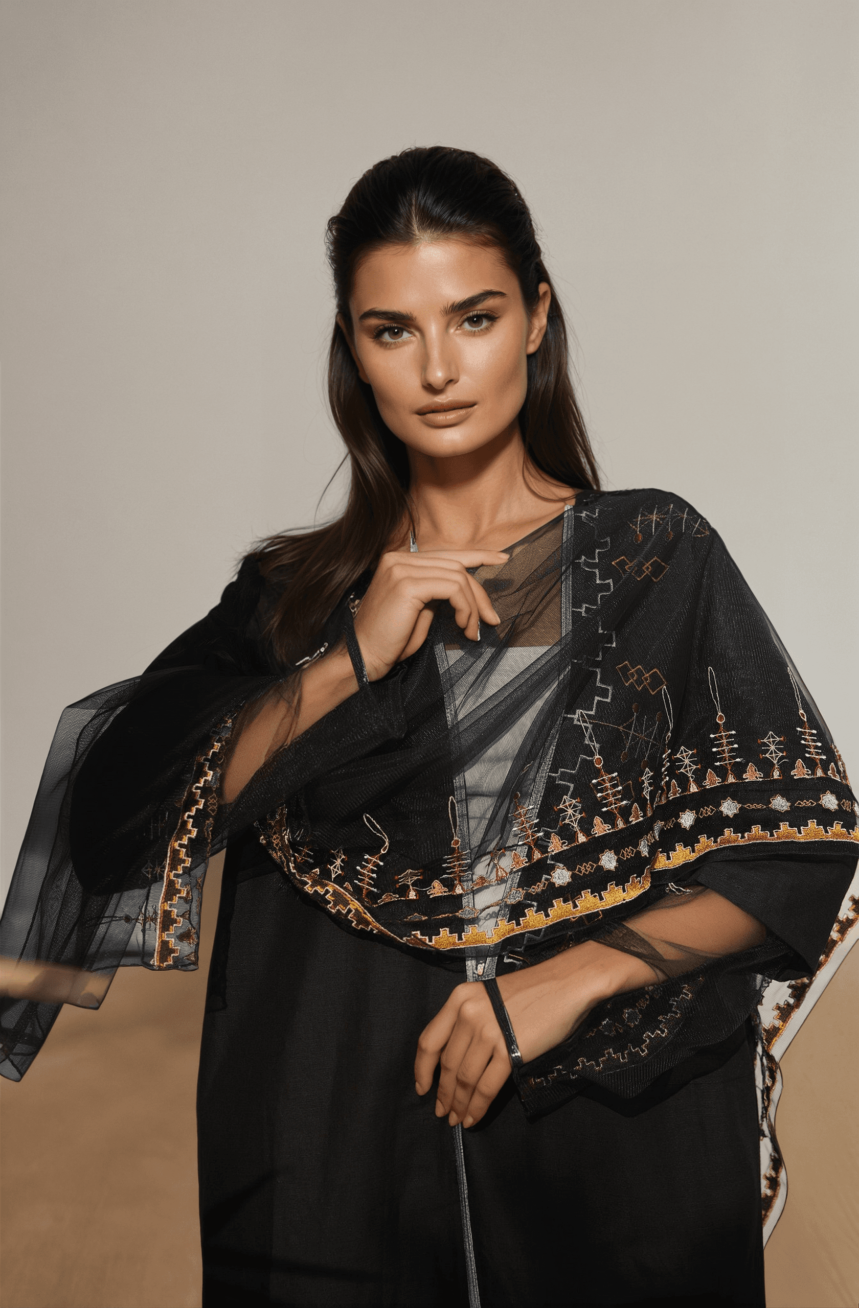 Model wearing Saudi Abaya & Scarf Set with embroidered sheer scarf draped over shoulders, reflecting cultural sophistication.