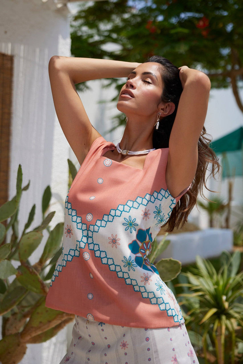 The Amara Top - Mexican Design Patterns | Modern Silhouette featuring vibrant floral and diamond motifs, ideal for resort wear.