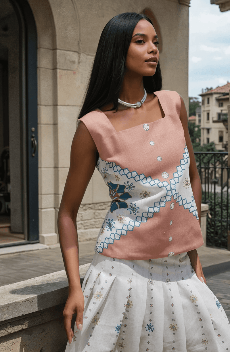 The Amara Top - Mexican Design Patterns | Modern Silhouette in soft pink with geometric embroidery, styled with a white flowy skirt.