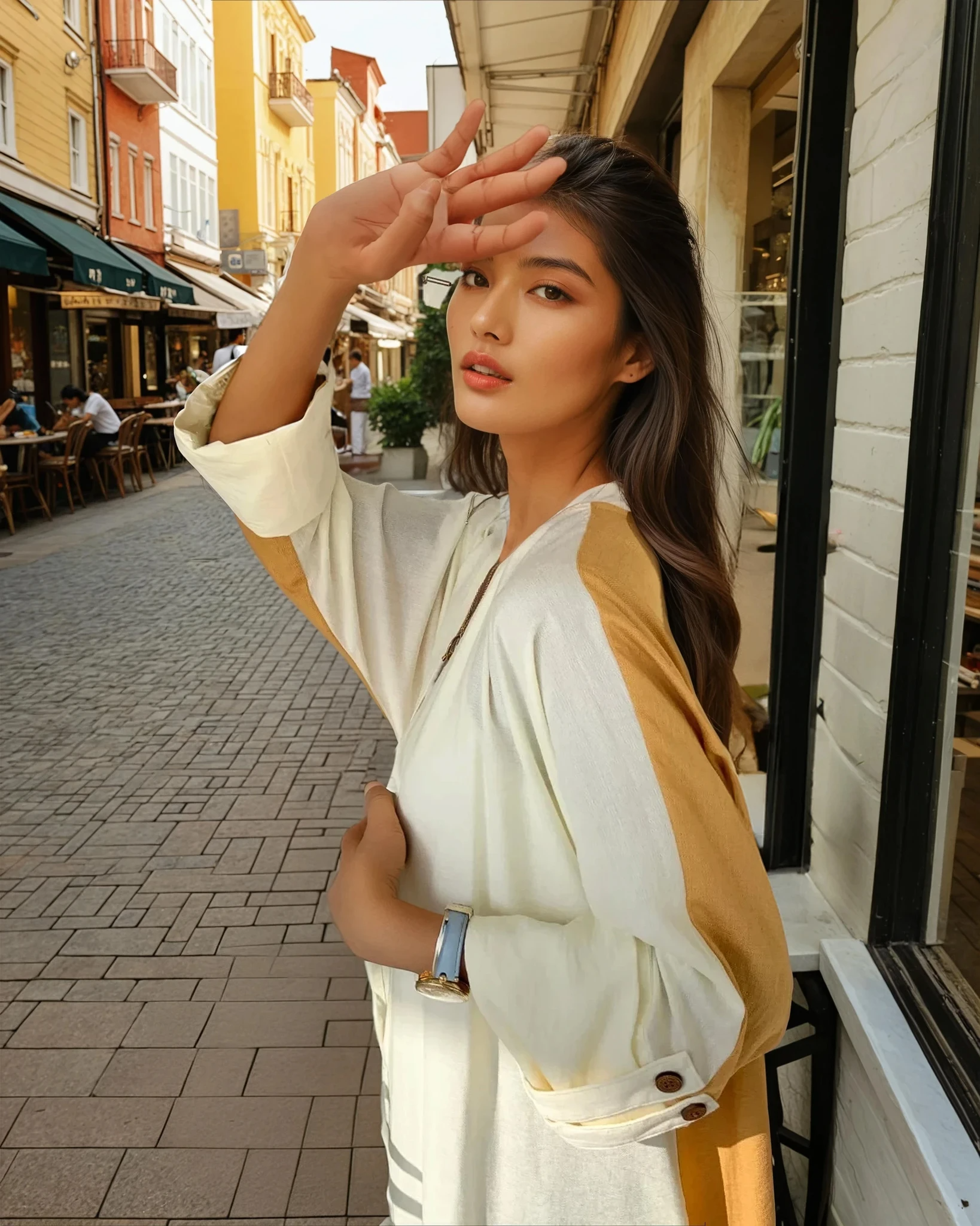Model wearing The Vicki Abaya - Daily Wear in a mustard and cream palette, styled for a relaxed yet elegant daytime look.