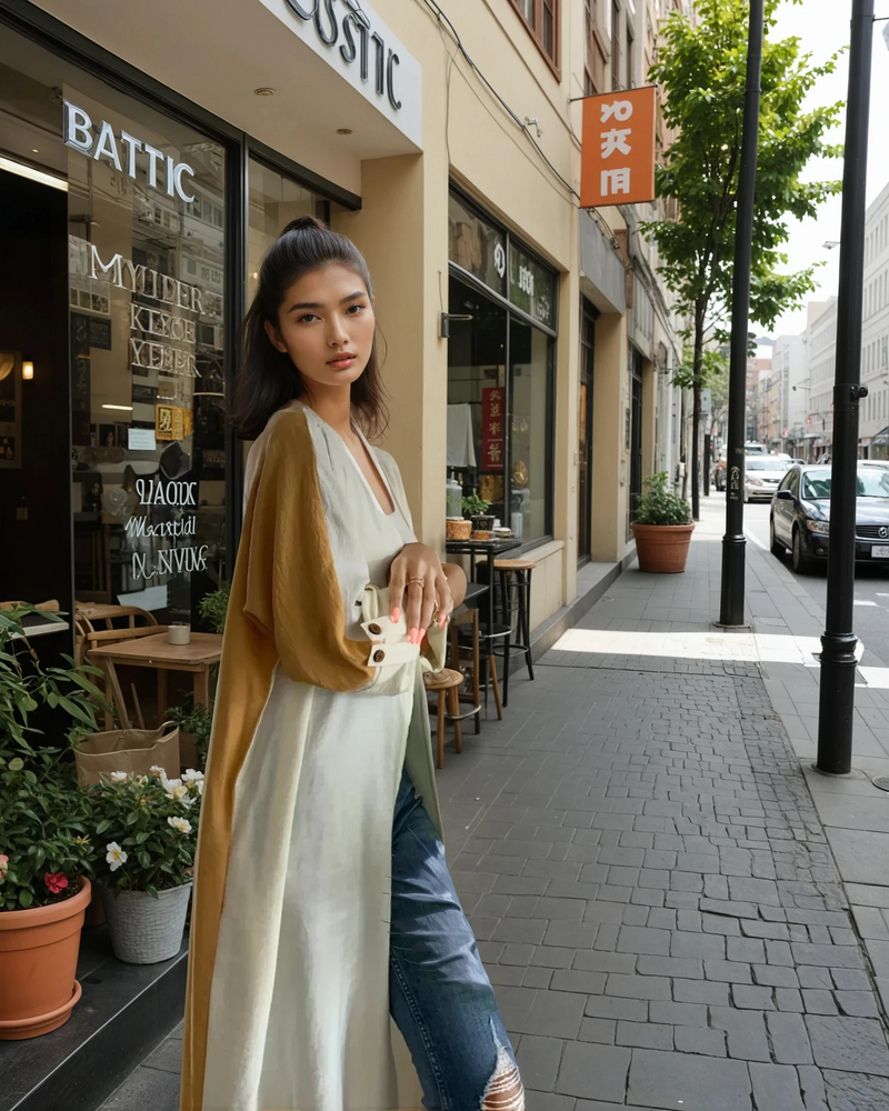 Sporty and chic, The Vicki Abaya - Daily Wear in mustard and cream styled with distressed jeans, perfect for urban daily outfits.