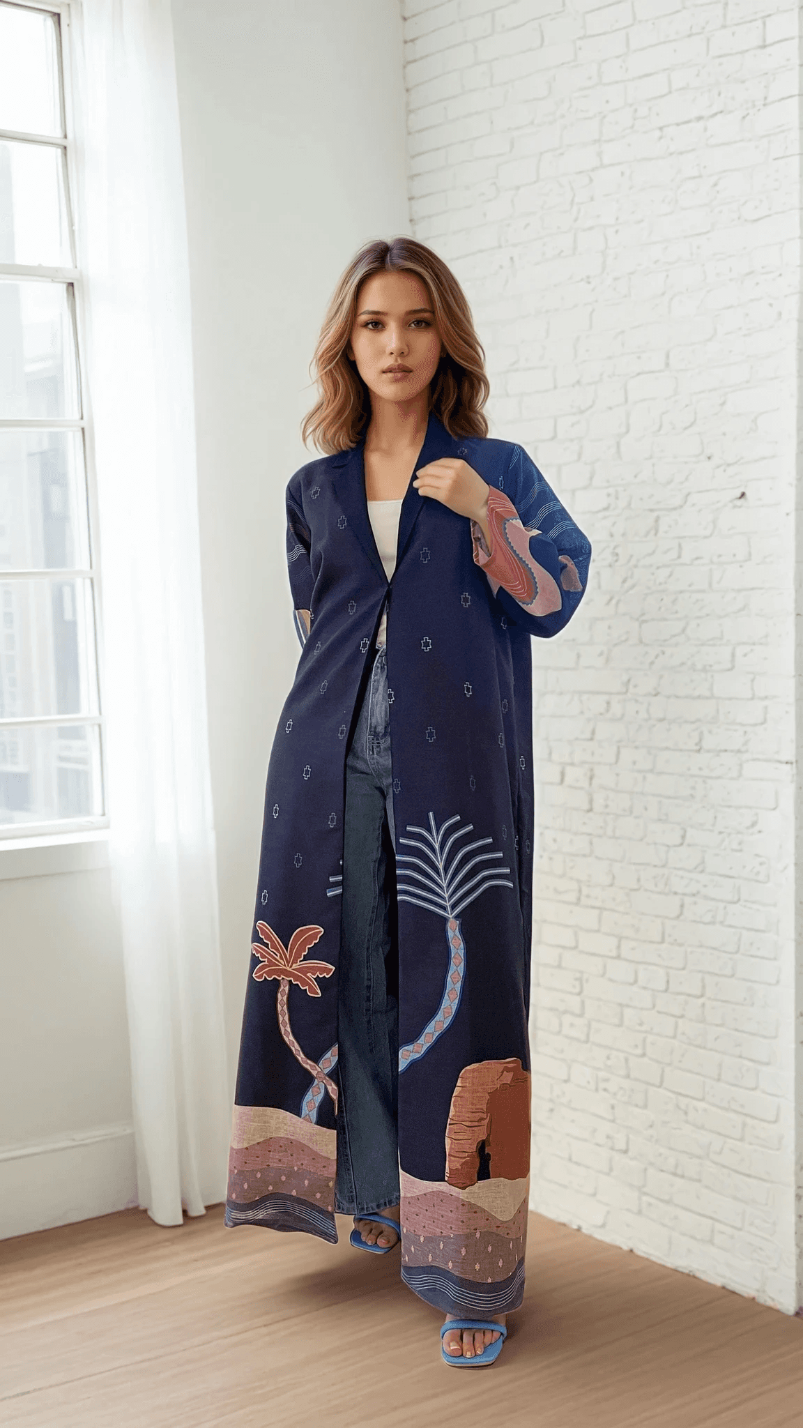 Indoor portrait of model in The Alula Horizon Blazer Abaya, highlighting the garment's flowing silhouette and desert motifs.