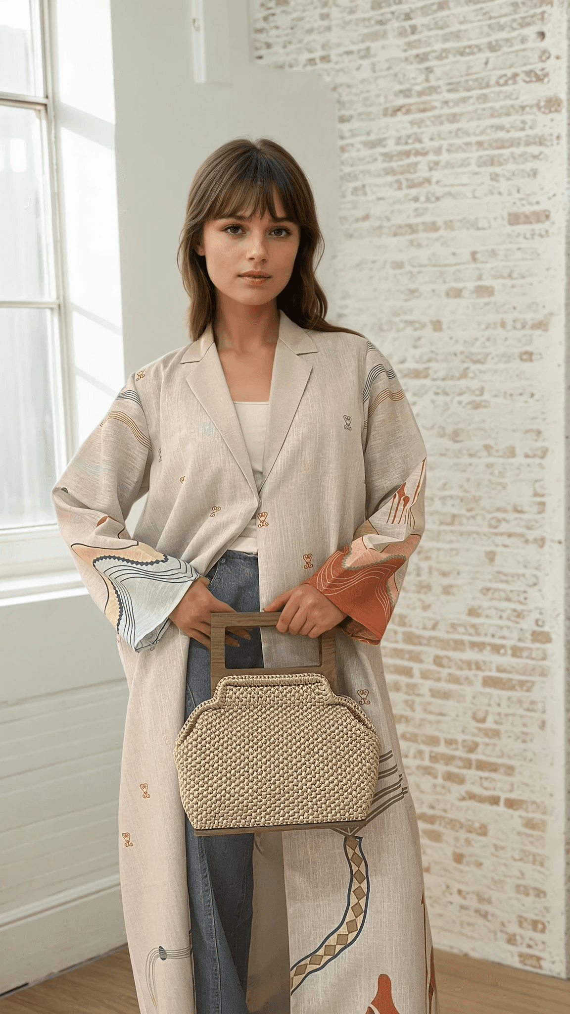 Indoor portrait of model holding a woven bag while wearing The Jeddah Horizon - Abaya & Scarf Set with soft lighting.