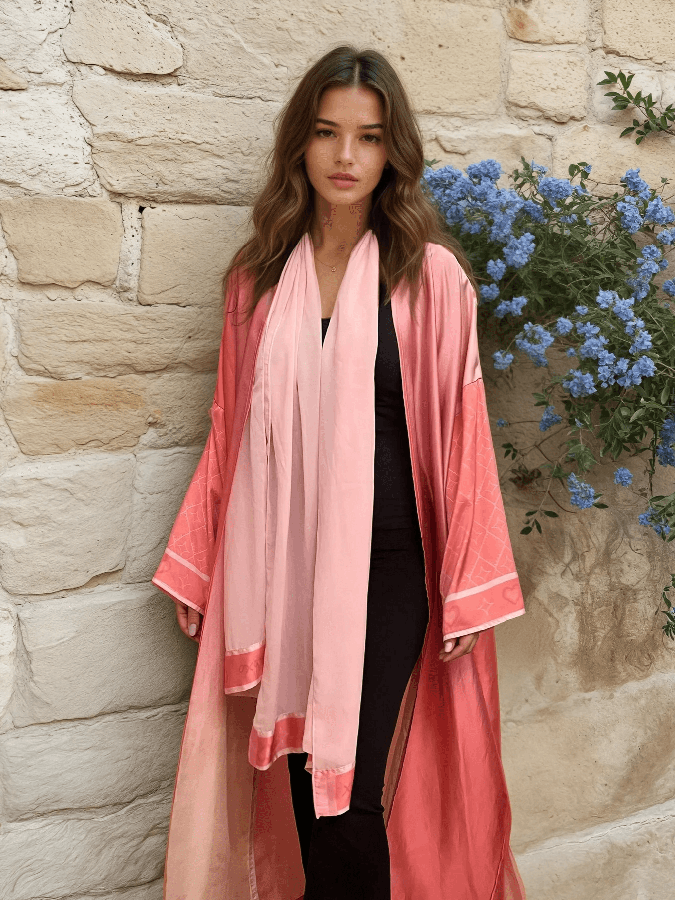 Barbie-Inspired Pink Abaya Set with matching scarf, shown worn open over a black outfit, perfect for elegant traditional wear.