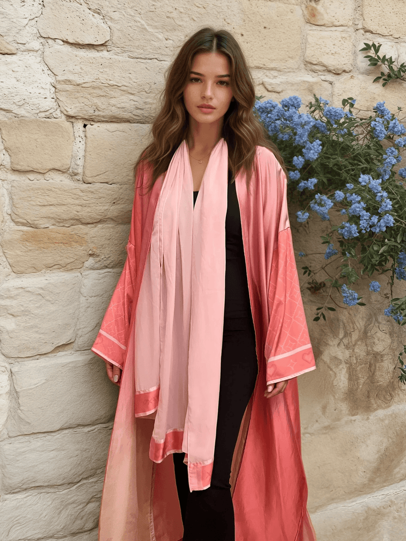 Barbie-Inspired Pink Abaya Set with matching scarf, shown worn open over a black outfit, perfect for elegant traditional wear.