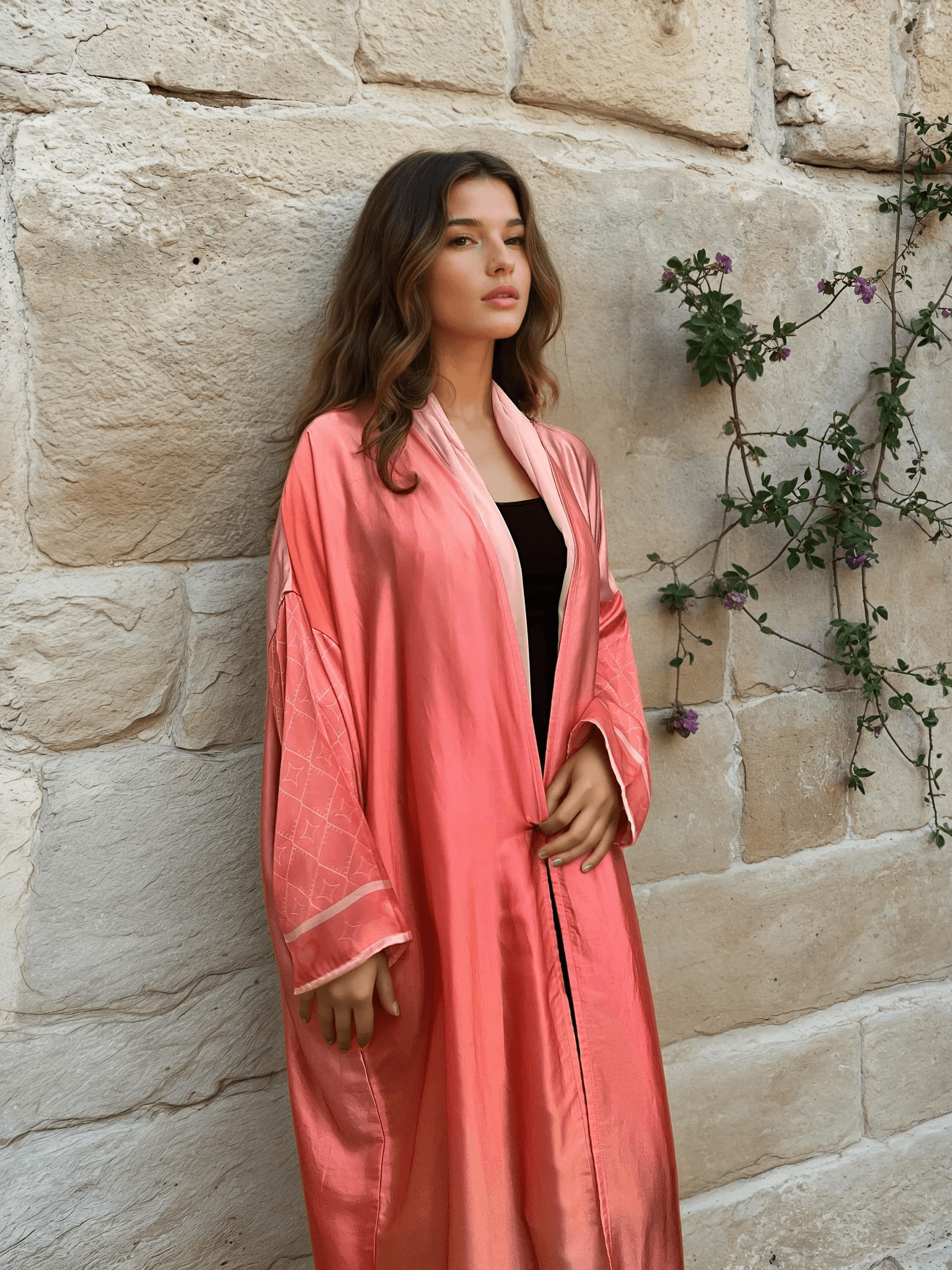 Side pose of the Barbie-Inspired Pink Abaya Set with intricate sleeve patterns, styled for a chic traditional look.
