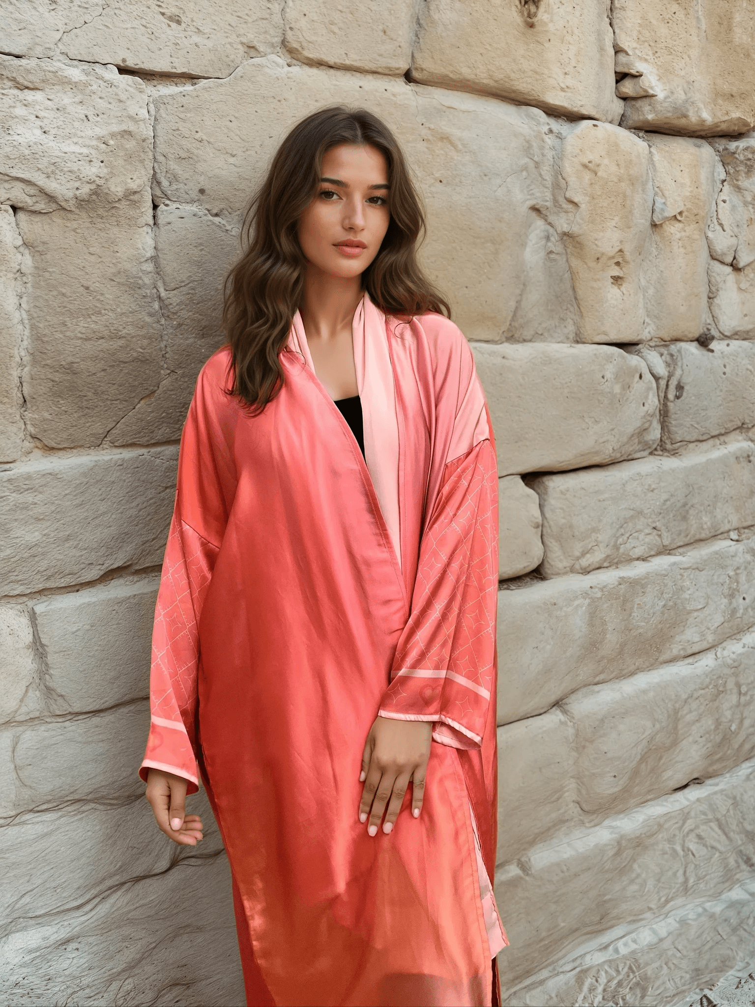 Model wearing the Barbie-Inspired Pink Abaya Set with soft pink scarf, showcasing the luxurious texture and modern cut.