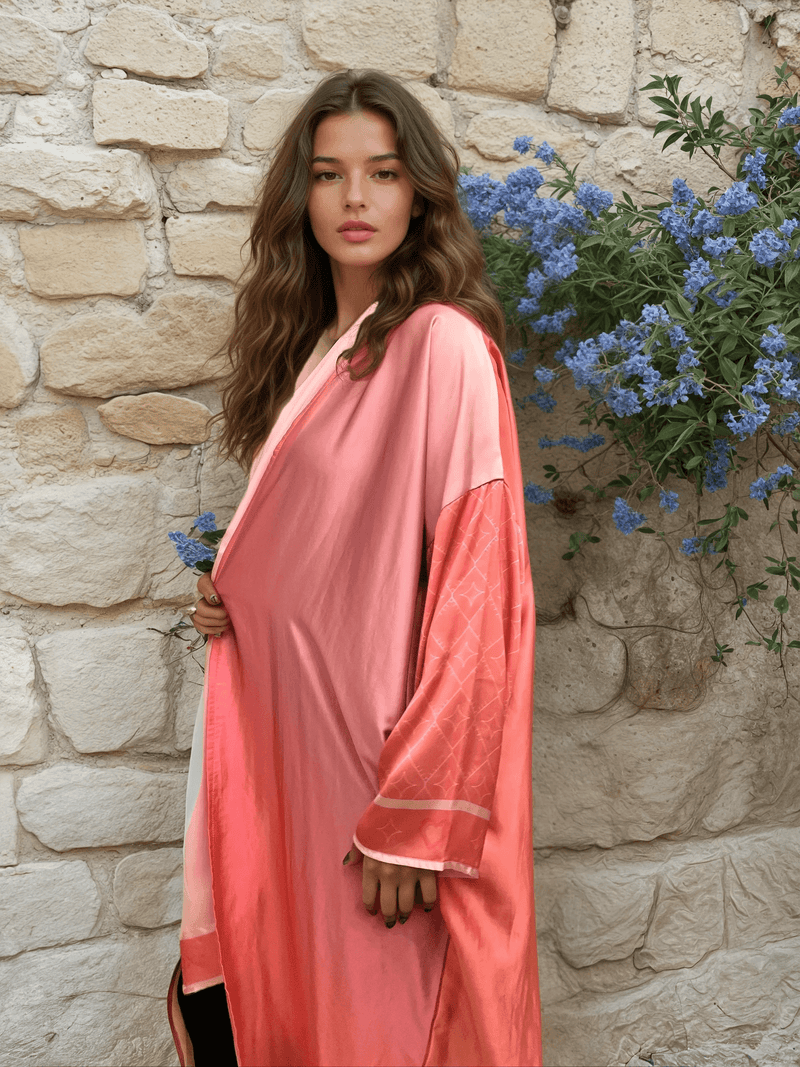 Shop Online: Barbie-Inspired Pink Abaya Set featuring a silky finish and geometric sleeve detailing, styled against a stone wall with floral accents.
