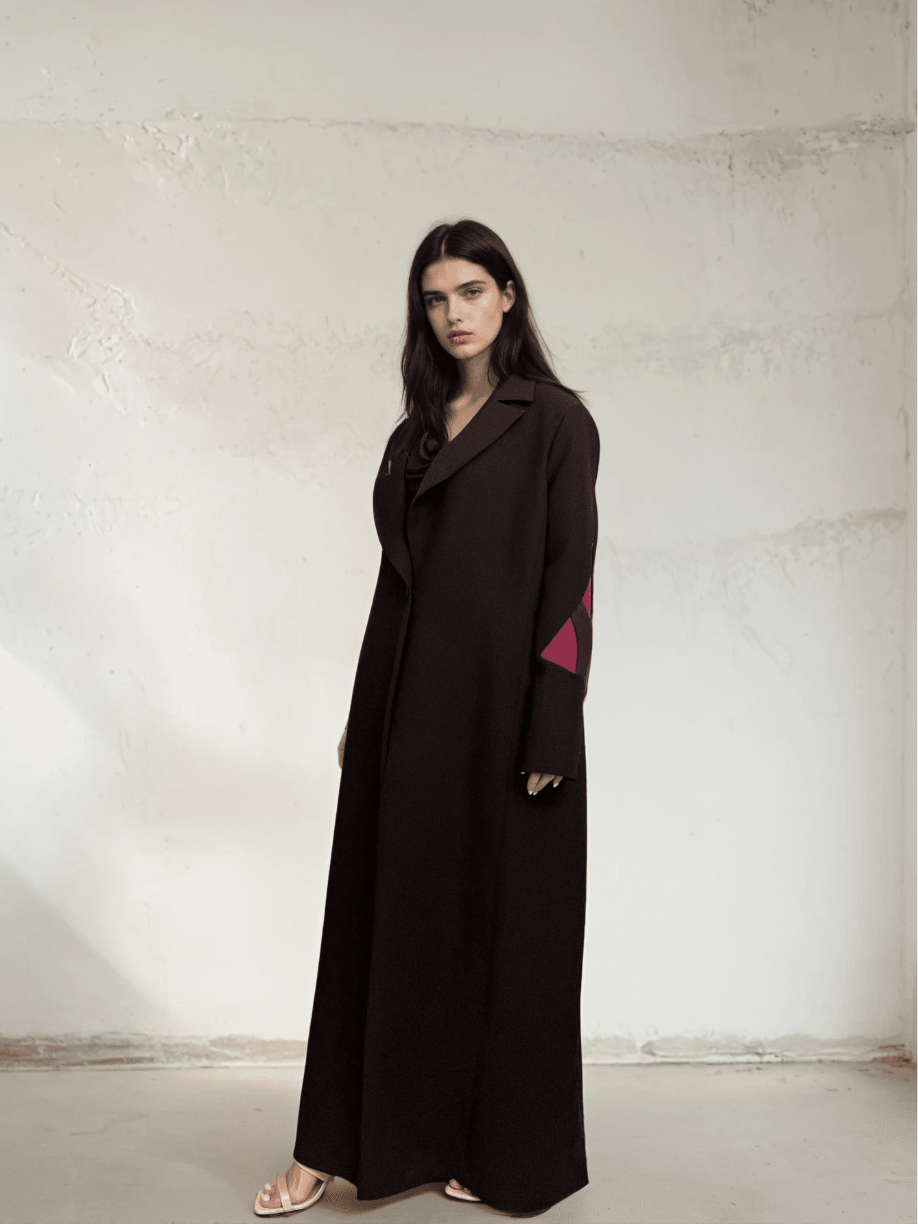 Front full-body view of The Front Row Feeling - Long Blazer, styled with open-toe heels and a sleek black outfit for a VIP-ready look.