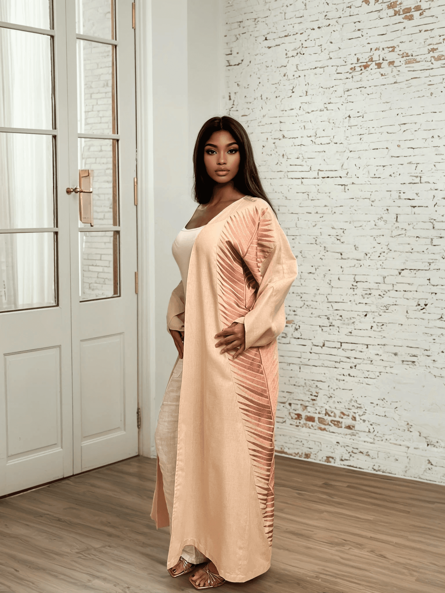 Rosé Gold Abaya - Breast Cancer Awareness | Solidarity, Hope. Full-length rose gold abaya with elegant embroidery, blending tradition and advocacy.