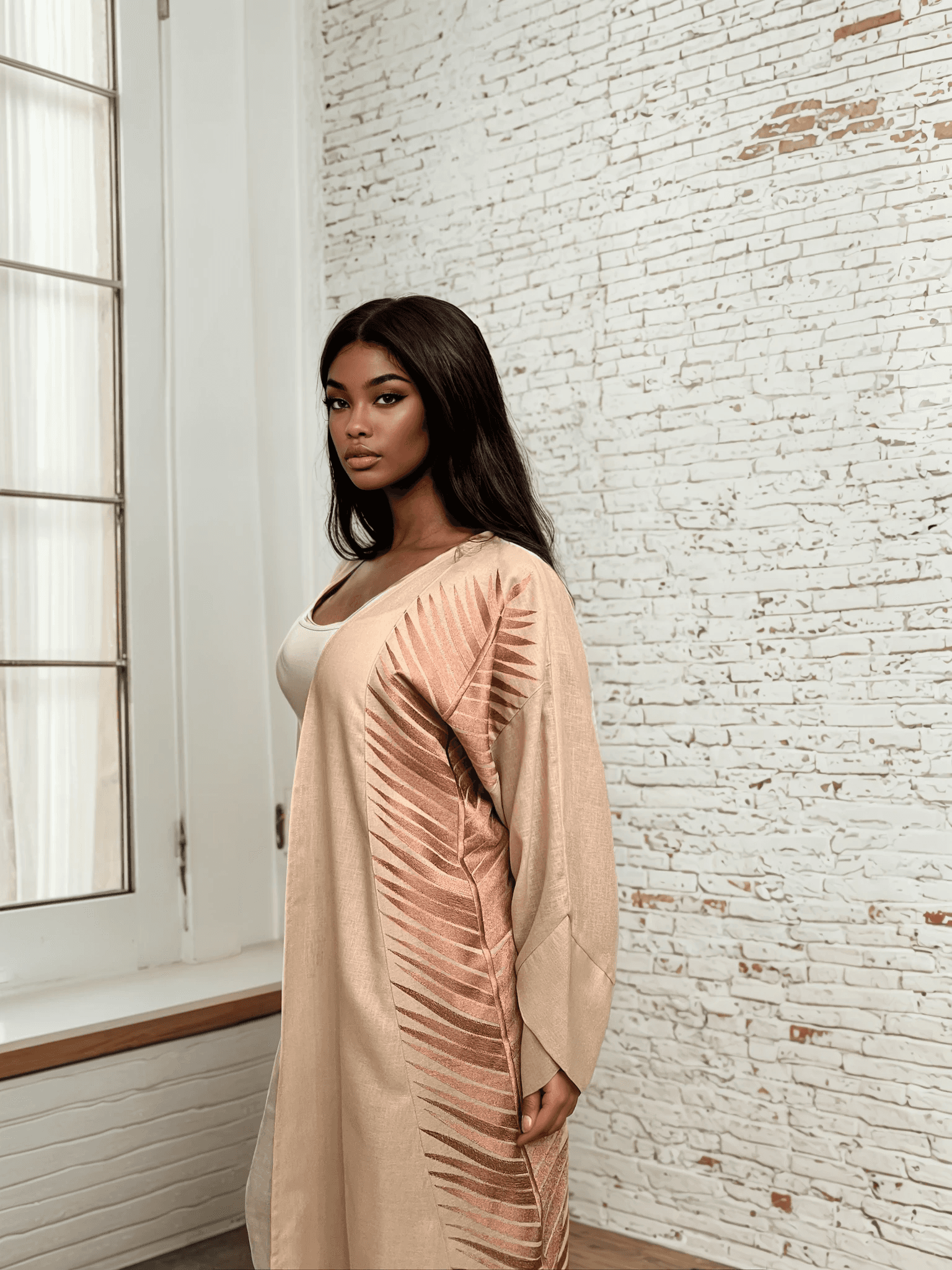 Rosé Gold Abaya - Breast Cancer Awareness | Solidarity, Hope. Modest rose gold abaya with shimmering leaf design, ideal for traditional wear with purpose.