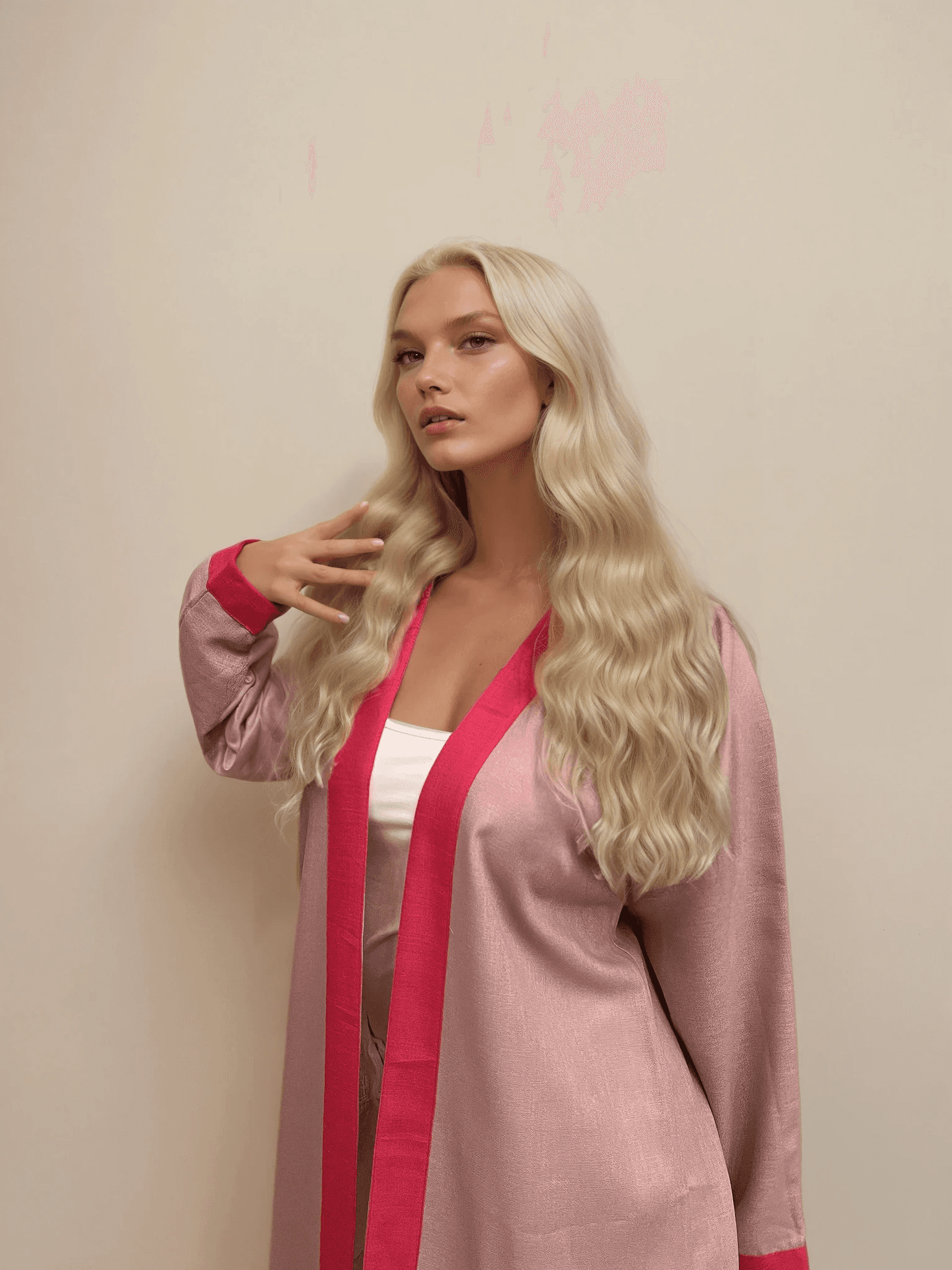 Cupid's Palette Kimono - Linen Cape in blush pink with vivid red trim, wrinkle-free fabric ideal for casual boho looks and layering.