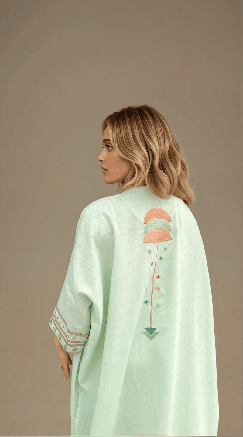 Birthday Abaya & Scarf Set in cold mint with back embroidery, perfect for summer elegance and comfort in traditional clothing.