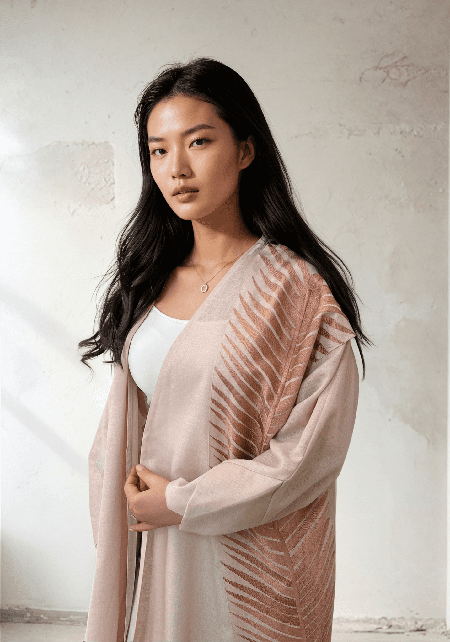 Rosé Gold Abaya - Breast Cancer Awareness | Solidarity, Hope. Elegant rose gold abaya with leaf pattern, symbolizing strength and femininity.