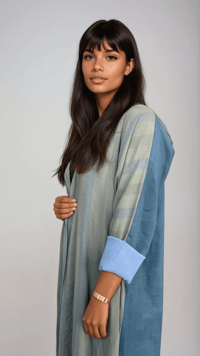 Side angle of The WORKaholic Abaya - Daily Wear in green and teal, showing contrast sleeve and flowing fabric.