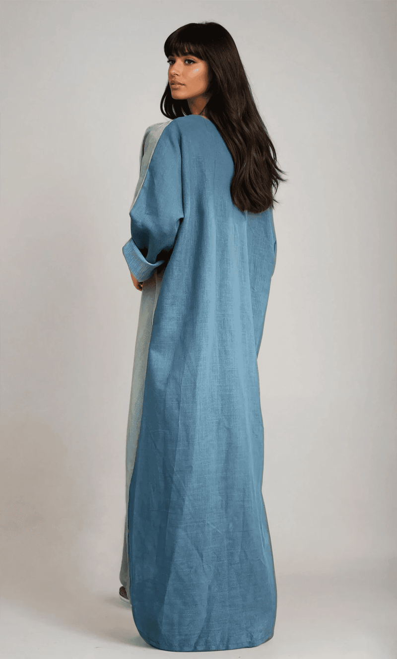 Back view of The WORKaholic Abaya - Daily Wear in teal, showcasing full-length design and smooth fabric finish.