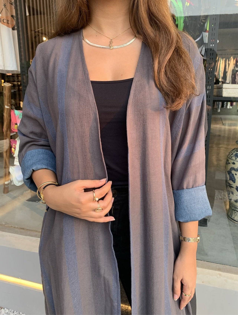 Detail shot of The WORKaholic Abaya - Daily Wear in grey, showing front opening and rolled denim-like cuffs.