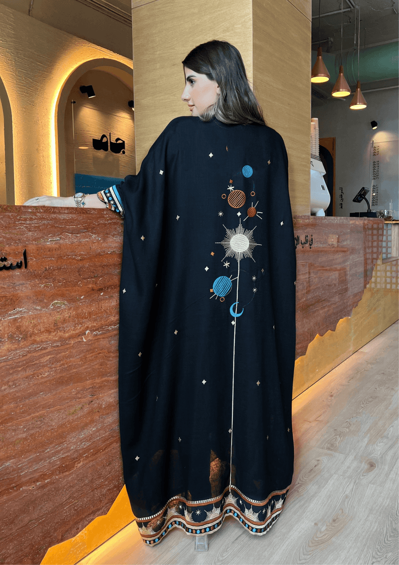 Full back view of Distant Galaxies - Show Stopper Back Abaya with galaxy embroidery, combining elegance and cosmic inspiration for special events.