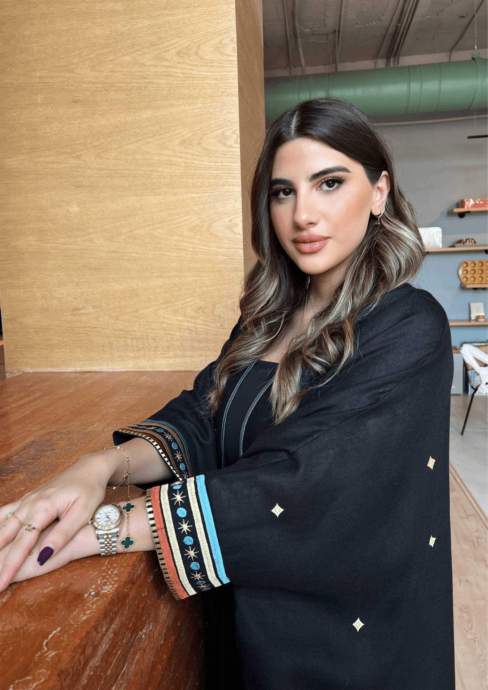 Detailed view of Distant Galaxies - Show Stopper Back Abaya sleeve showcasing embroidered stars and planets, ideal for ceremonial wear.