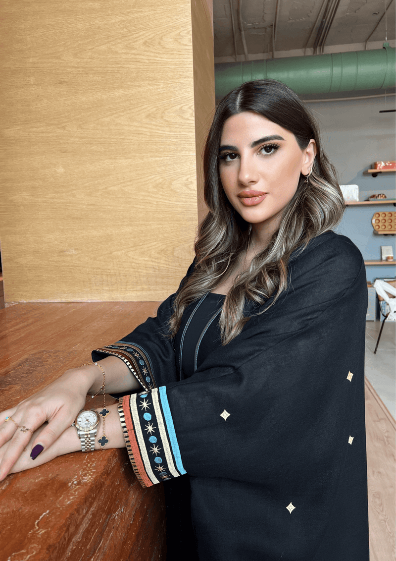 Detailed view of Distant Galaxies - Show Stopper Back Abaya sleeve showcasing embroidered stars and planets, ideal for ceremonial wear.