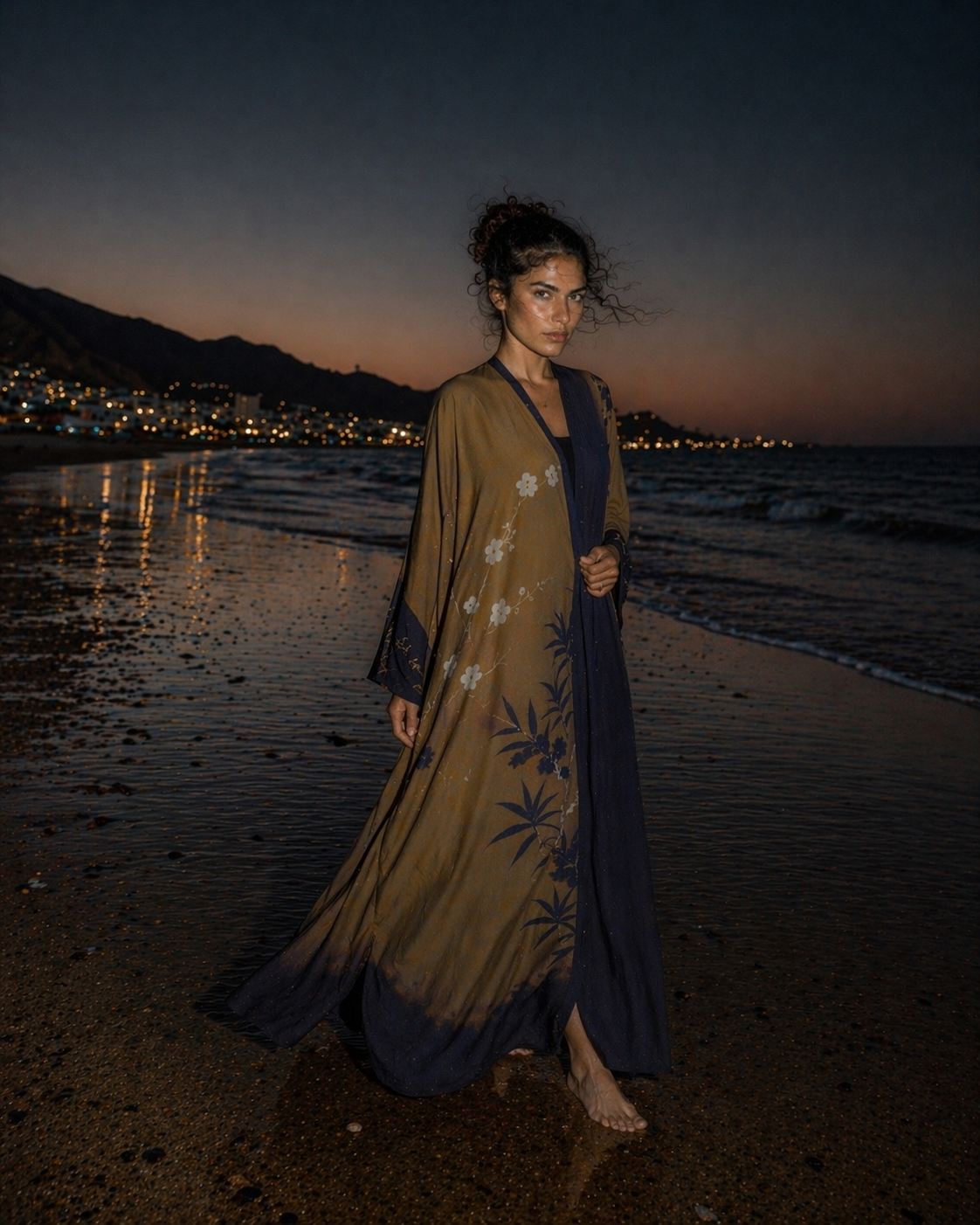 Brown and navy designer kimono abaya with elegant drape