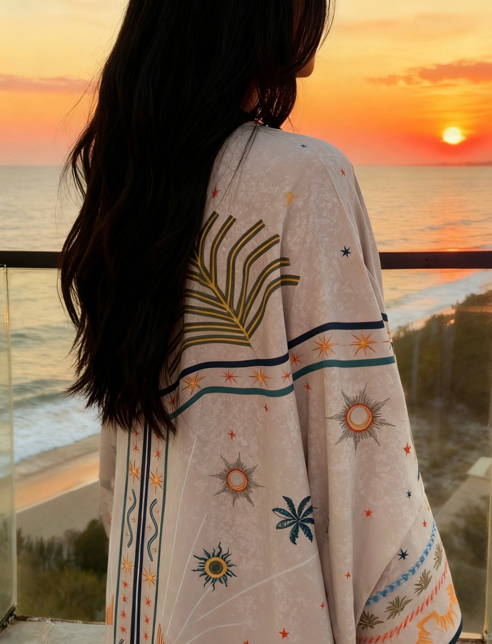 Silk abaya for resort and vacation styling with bold print