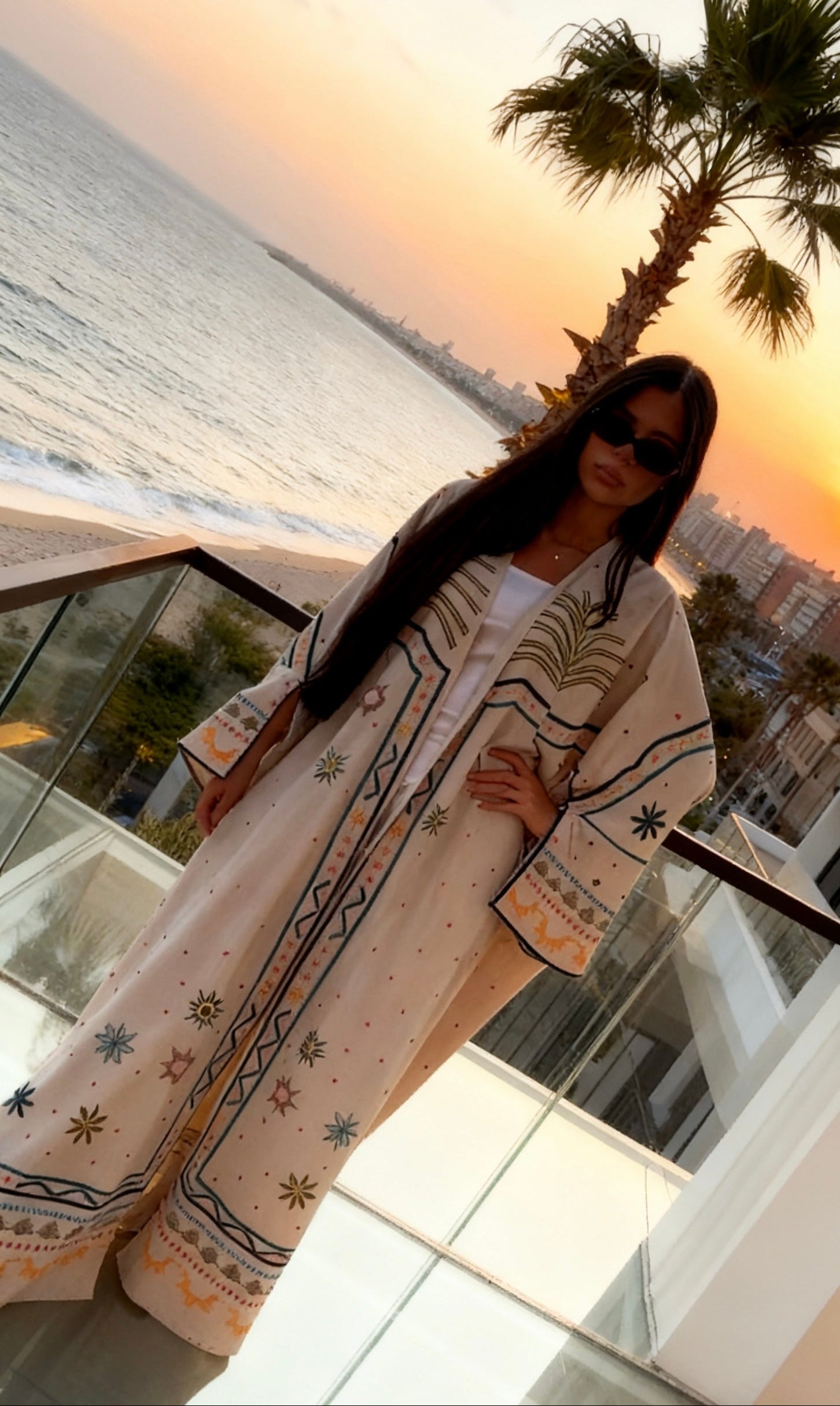 Luxury summer abaya with tropical print and soft silk texture