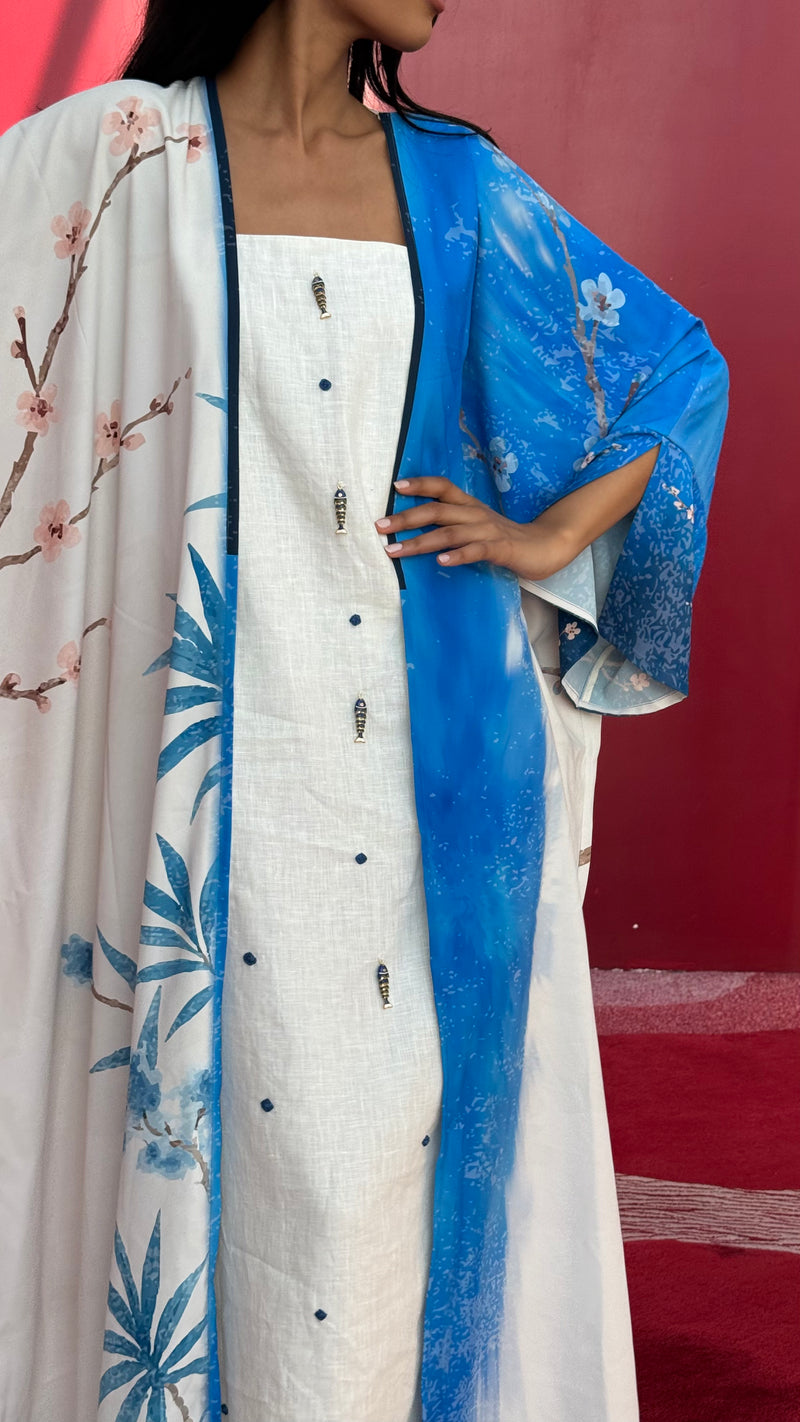 Sustainable resortwear abaya in indigo tones — She Thought in Indigo by The Untitled Project, crafted in eco-blend matte silk.”