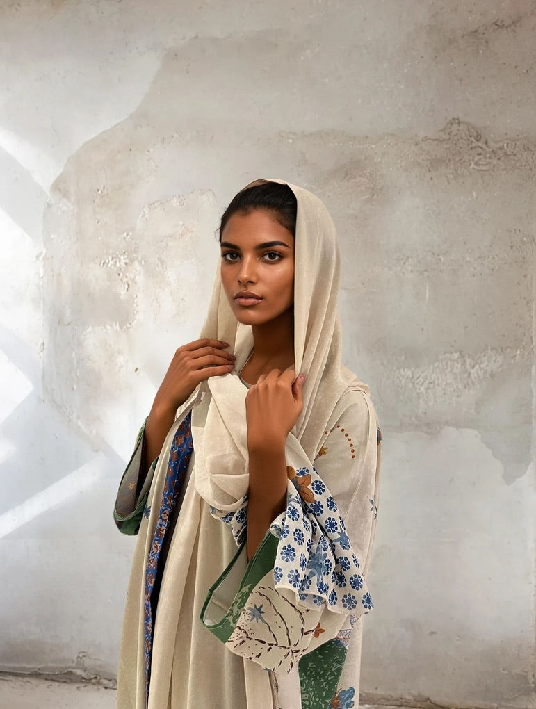 Seen Leaving the Corniche – statement printed abaya and matching scarf from The Untitled Project, luxury modest fashion now in Dubai.