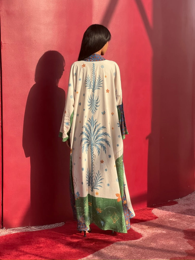 Luxury modest abaya made from matte silk with vibrant internal print – The Untitled Project Saudi, Seen Leaving the Corniche collection