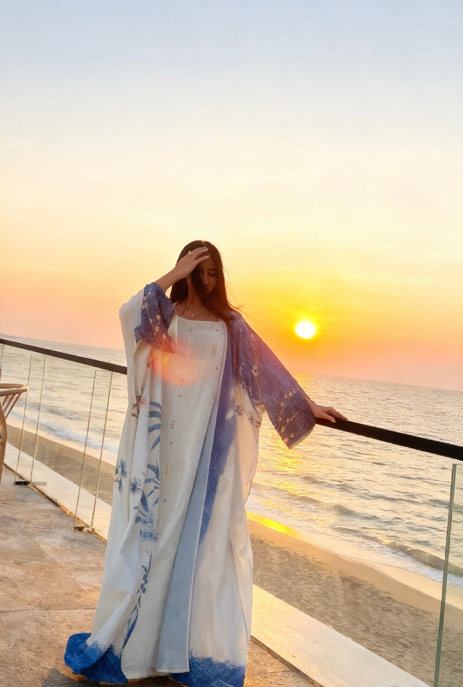 Designer printed silk abaya with East Asian inspired artwork