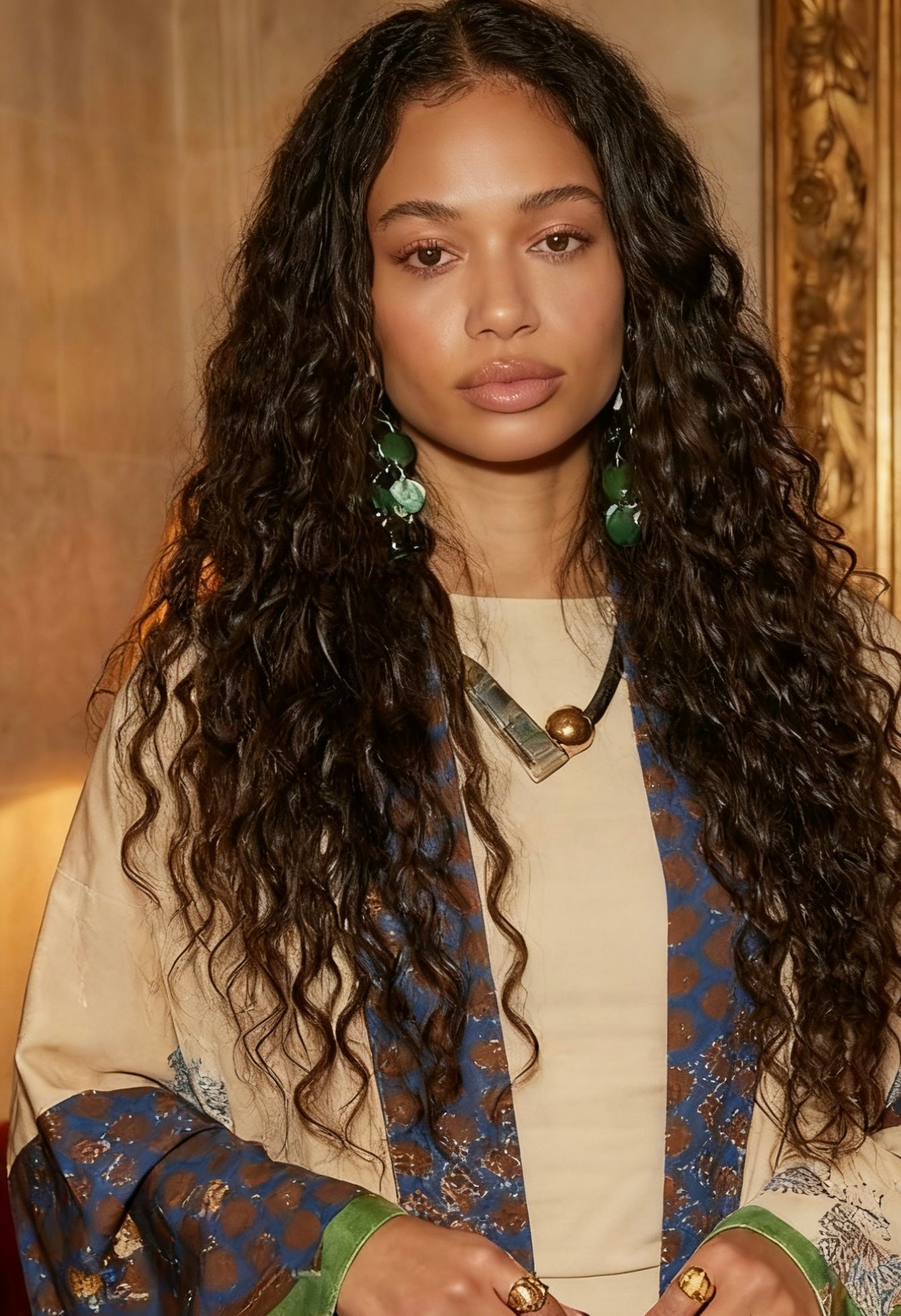 Close-up of silk fabric and print detail on luxury abaya