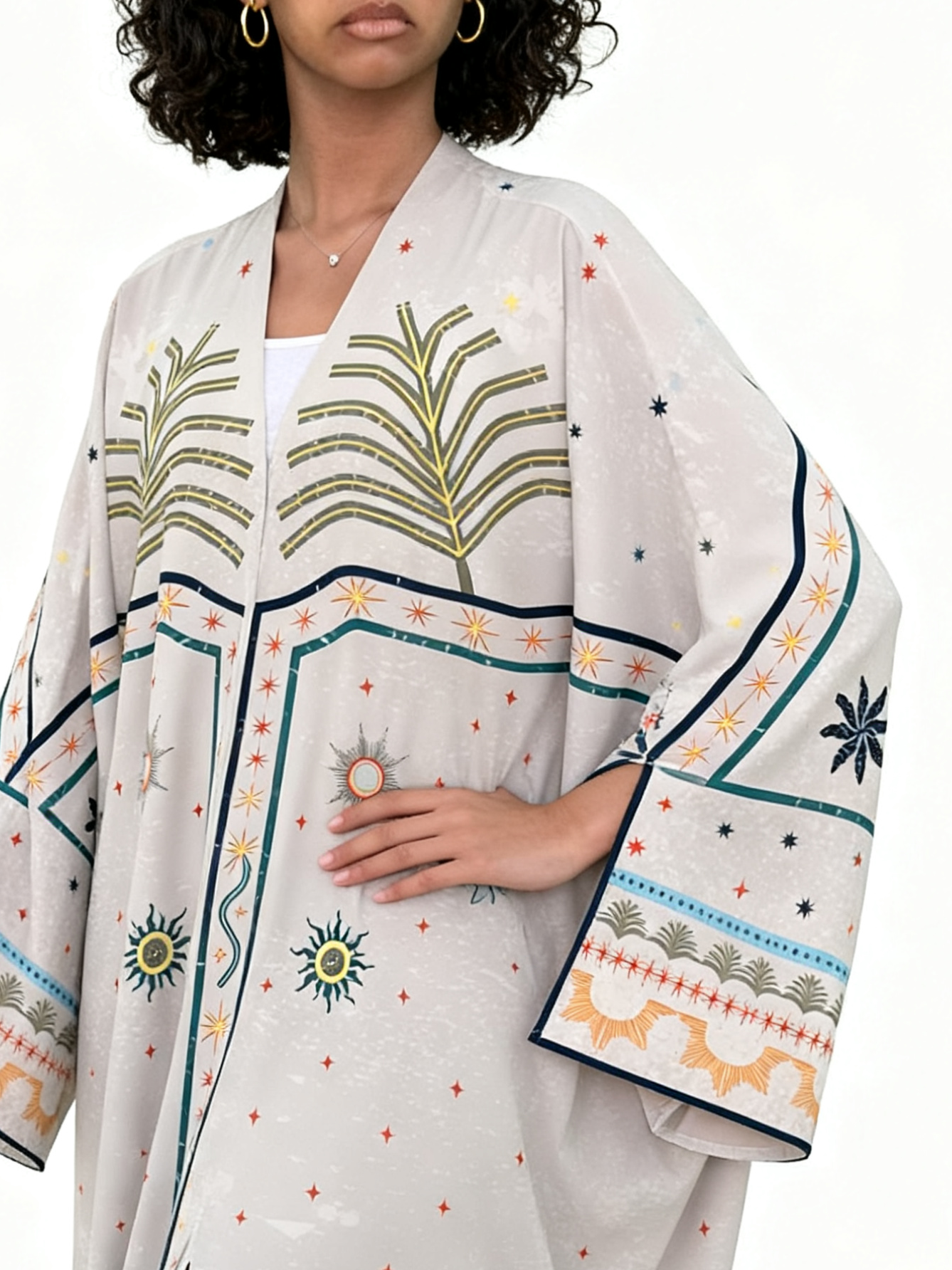 Tropical printed abaya with palm trees and soft silk movement