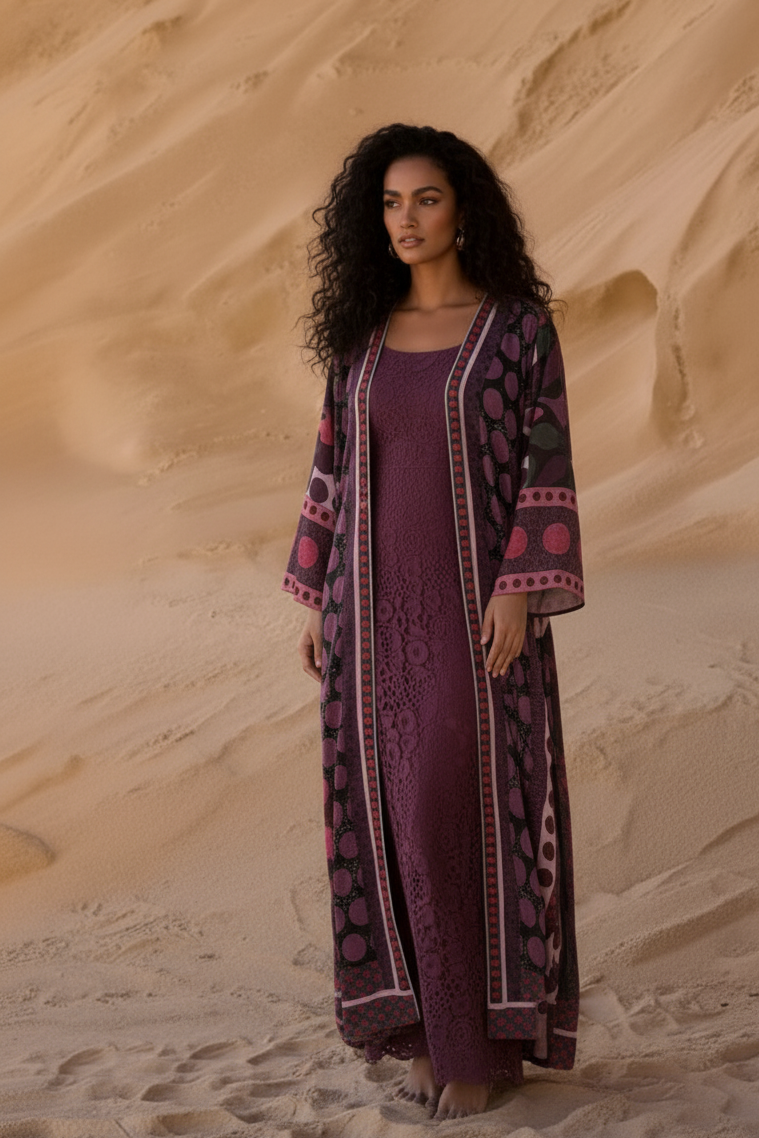 A Polka Thought – Purple Polka Dot Abaya in Matte Silk by The Untitled Project — sustainable and lightweight summer staple.