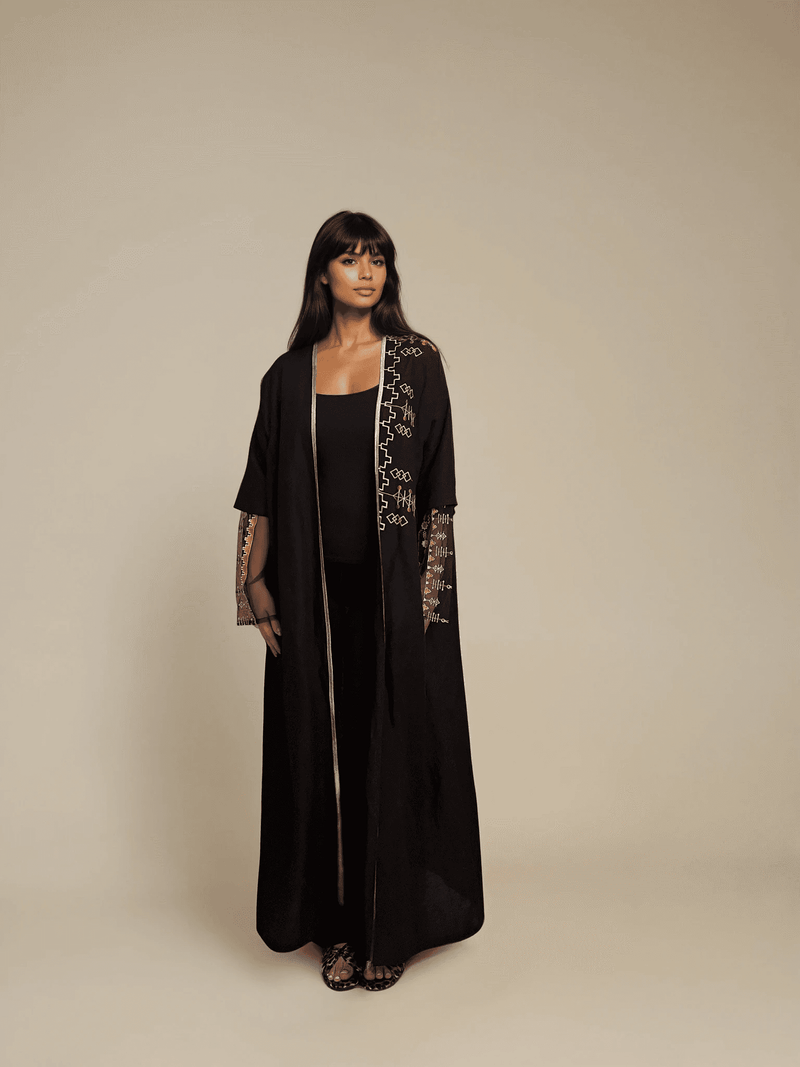Black Saudi Abaya & Scarf Set with embroidered accents on sleeves and front, perfect for traditional and formal occasions.