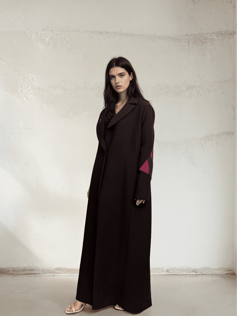 Front full-body view of The Front Row Feeling - Long Blazer, styled with open-toe heels and a sleek black outfit for a VIP-ready look.
