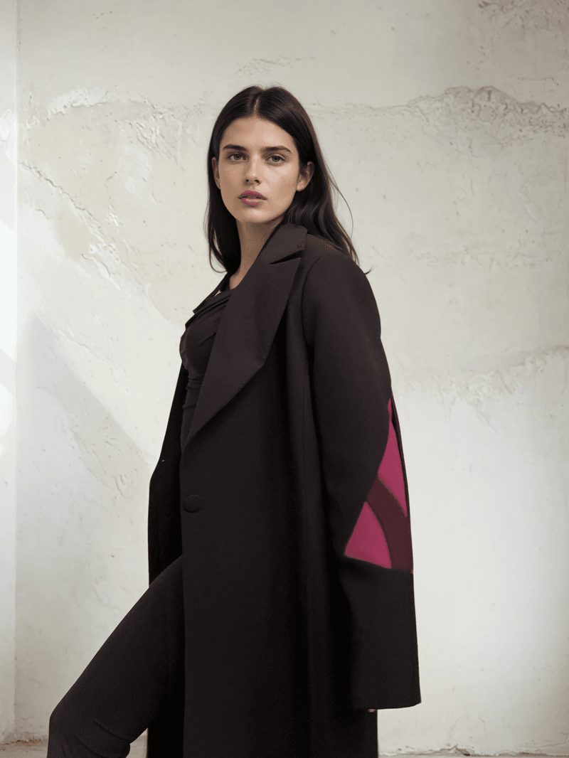 The Front Row Feeling - Long Blazer in black crepe with bold magenta sleeve accents, tailored for a structured silhouette in outerwear fashion.