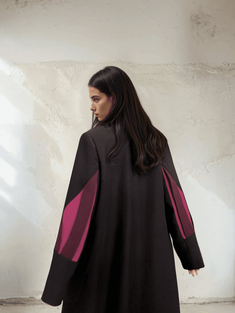 Back view of The Front Row Feeling - Long Blazer with magenta detailing on sleeves, emphasizing its bold, fashion-forward design.