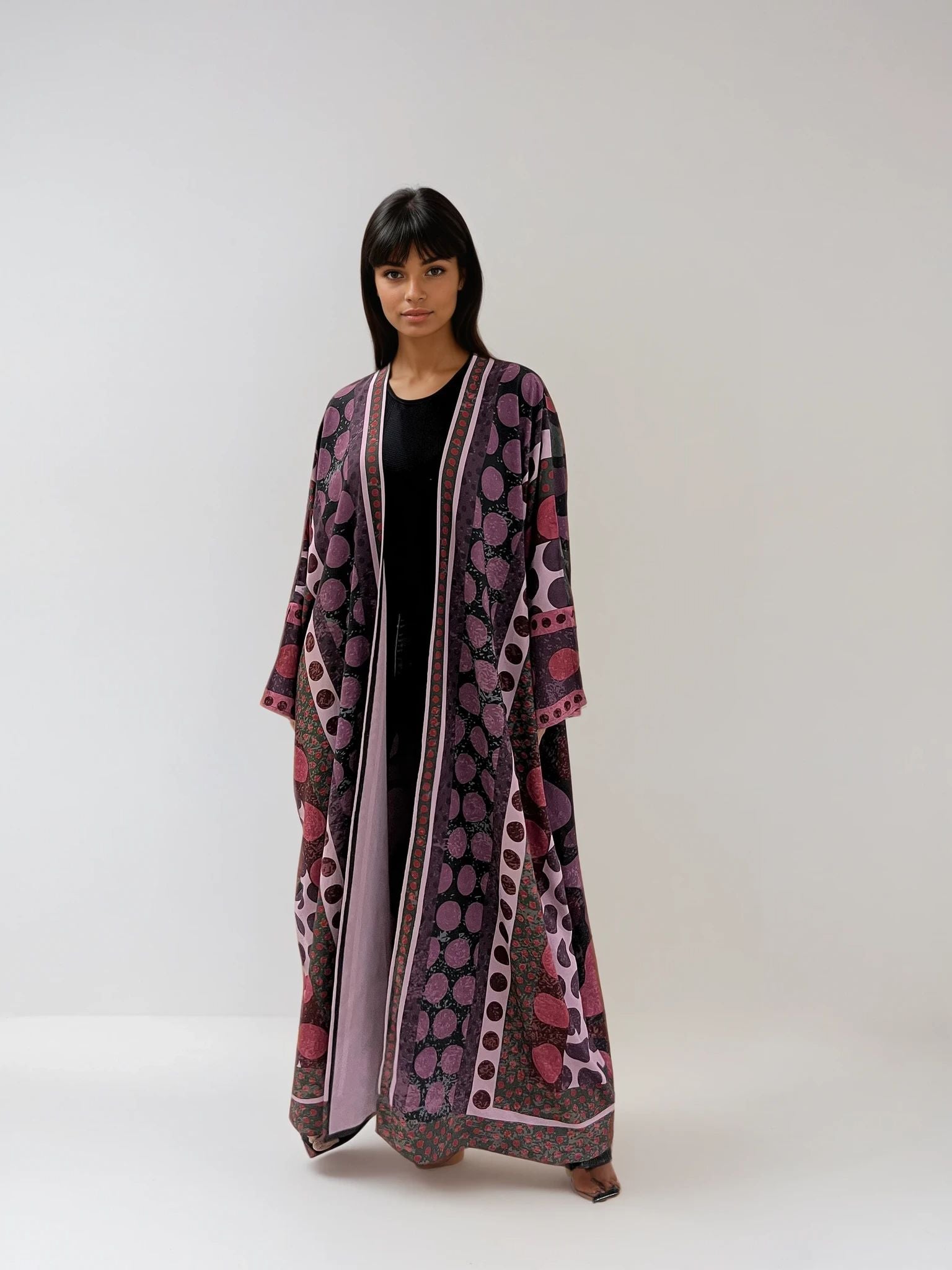 Sustainable matte silk abaya in deep purple with inside print — A Polka Thought by The Untitled Project.