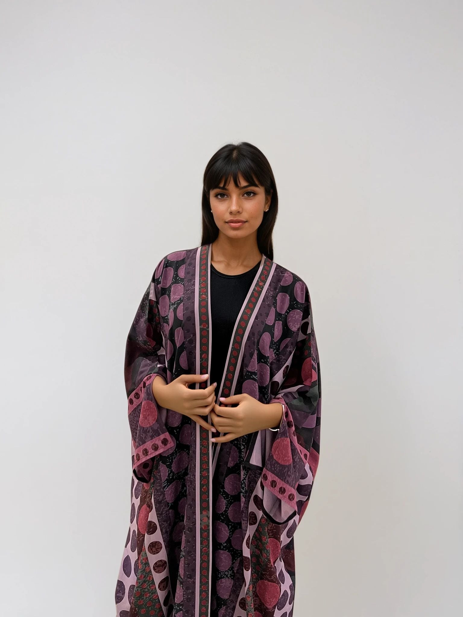 Resortwear abaya in purple matte silk with playful polka dot detailing — A Polka Thought by The Untitled Project Saudi.