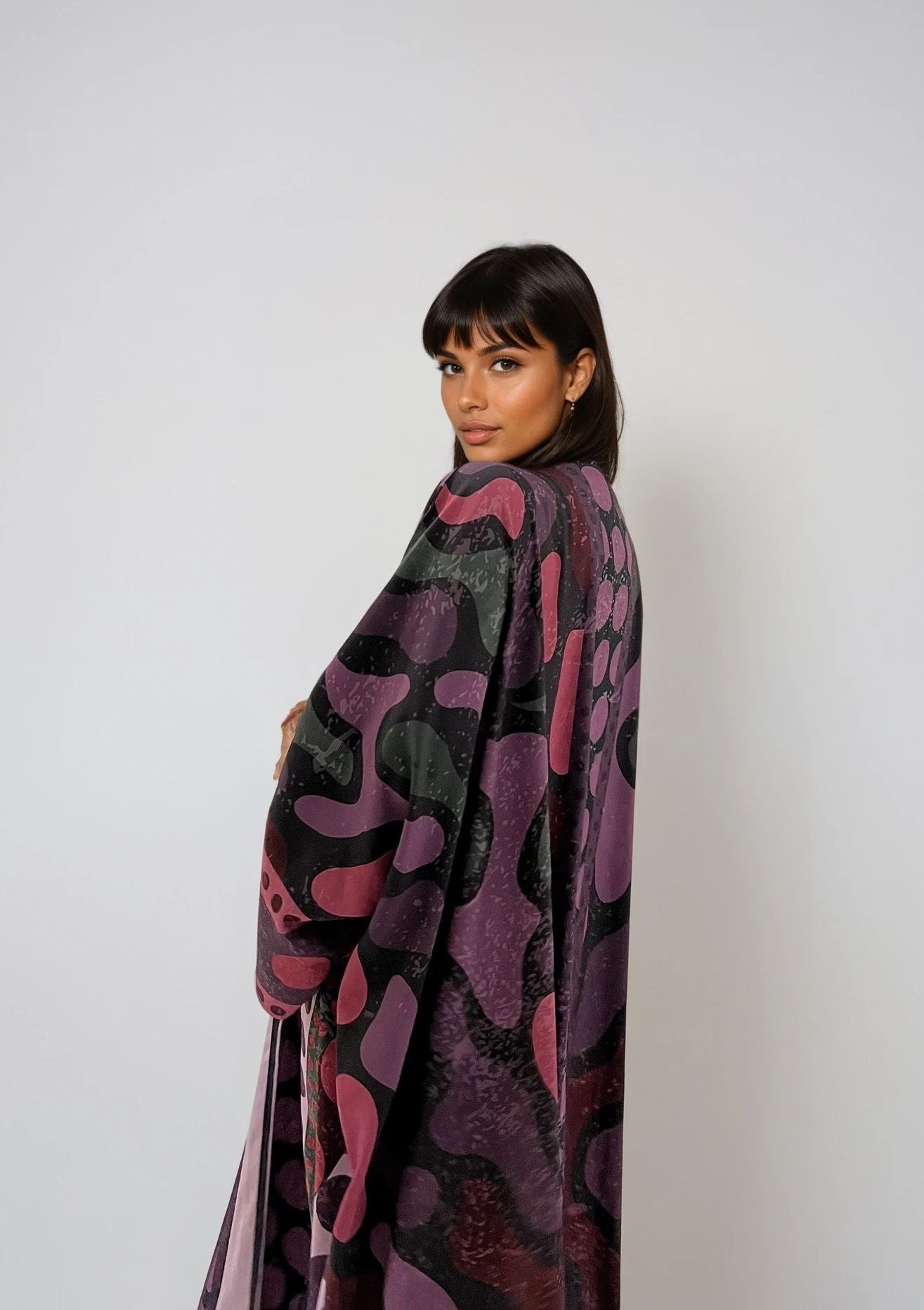 A Polka Thought abaya — sustainable silk piece printed from the inside, perfect for warm weather.