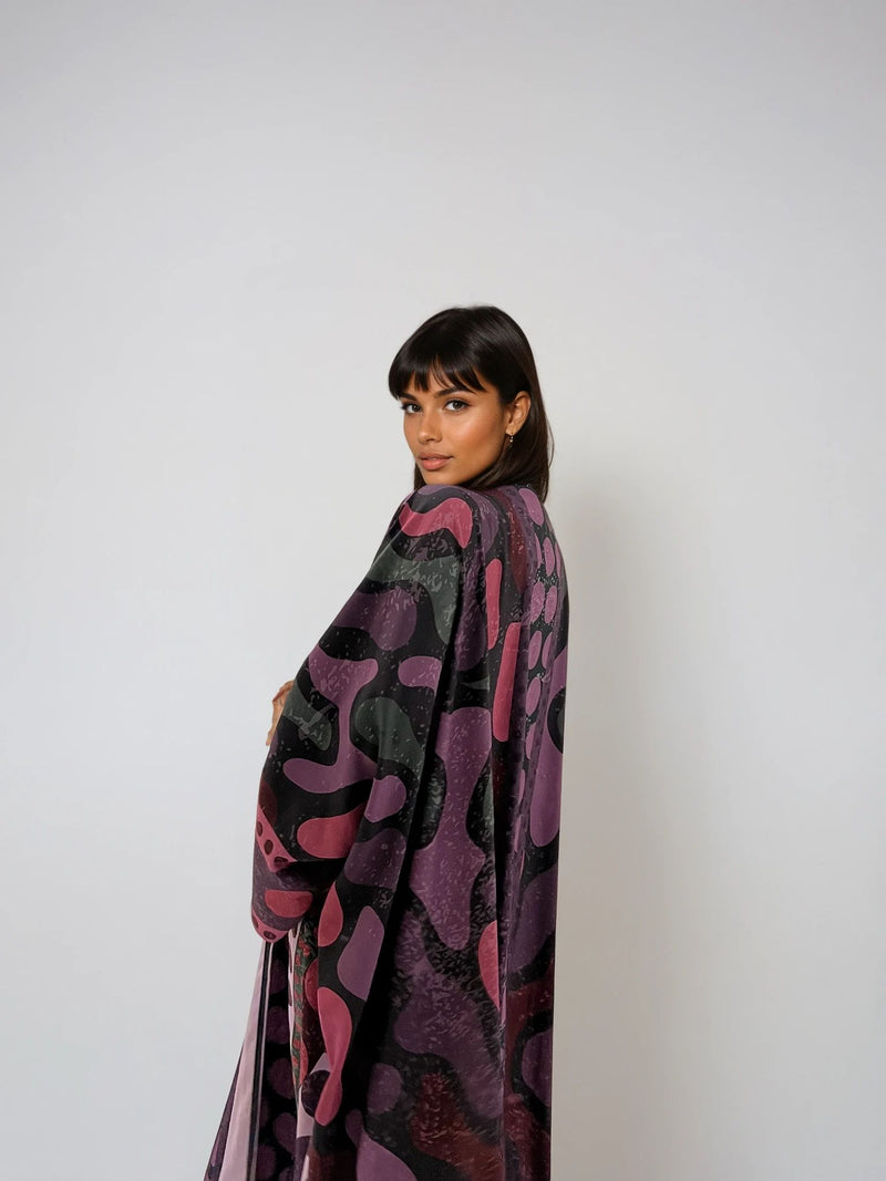 A Polka Thought abaya — sustainable silk piece printed from the inside, perfect for warm weather.