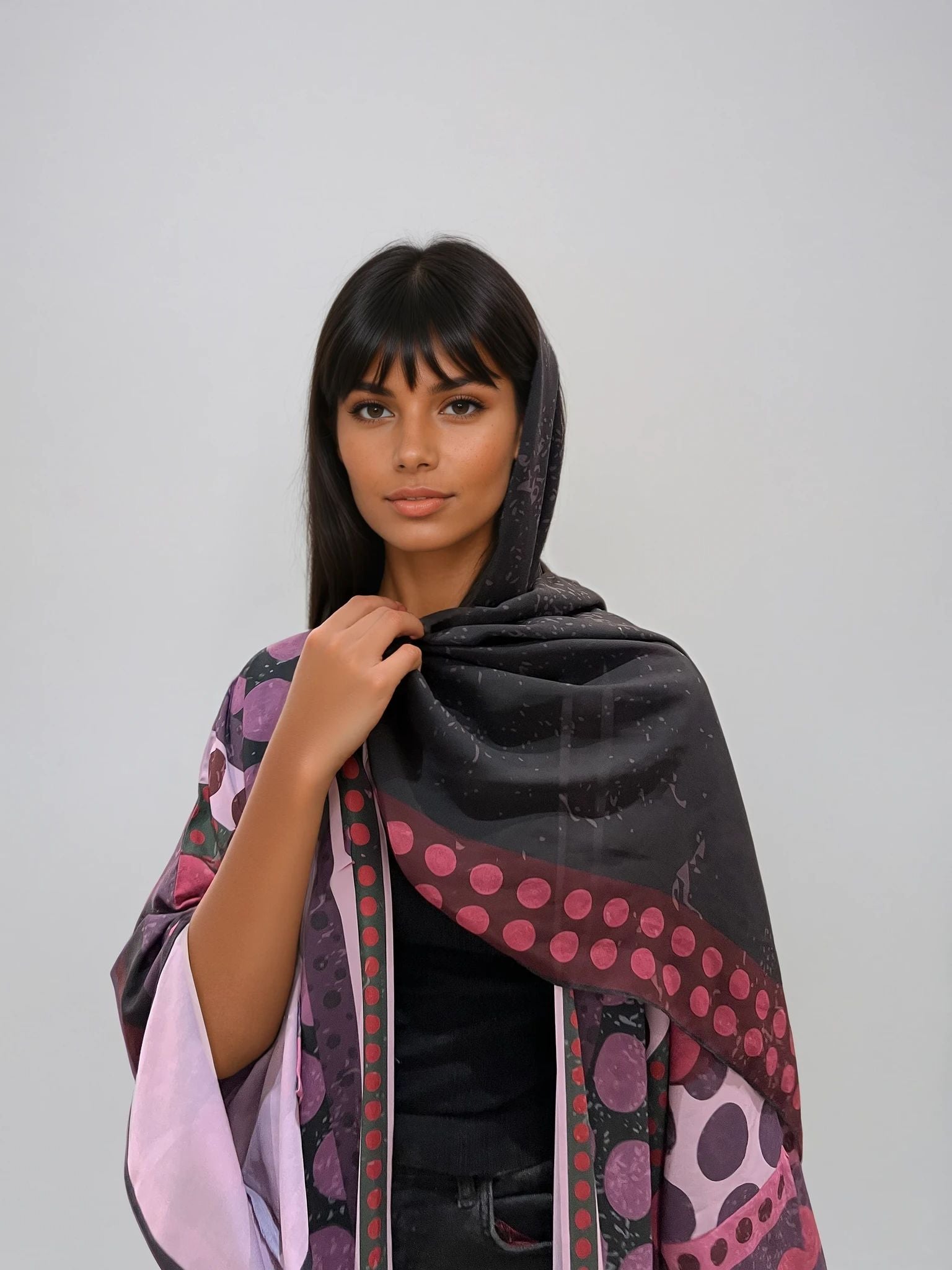 Lightweight printed abaya in matte silk — A Polka Thought by The Untitled Project, purple with subtle interior print.