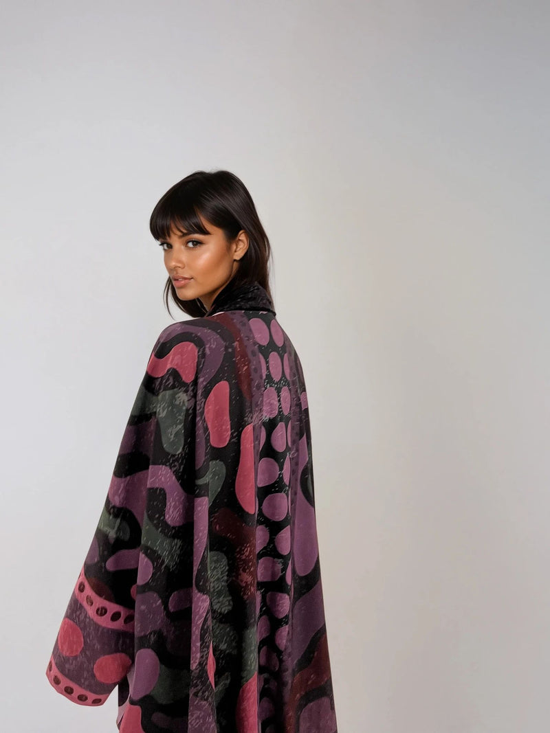 Resortwear abaya in purple matte silk with playful polka dot detailing — A Polka Thought by The Untitled Project Saudi.