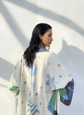 Seen Leaving the Corniche – colorful matte silk abaya with matching scarf by The Untitled Project, luxury resortwear designed in Saudi Arabia