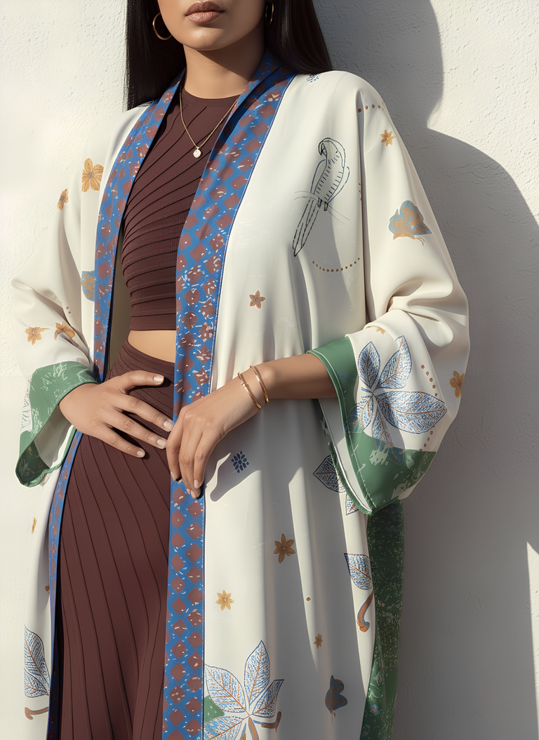 Model wearing The Untitled Project’s Seen Leaving the Corniche printed abaya – matte silk resortwear piece in vibrant tones, styled in Jeddah.