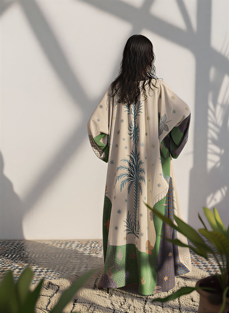 Sustainable matte silk abaya in multi-color print from The Untitled Project – resortwear look photographed in Riyadh.