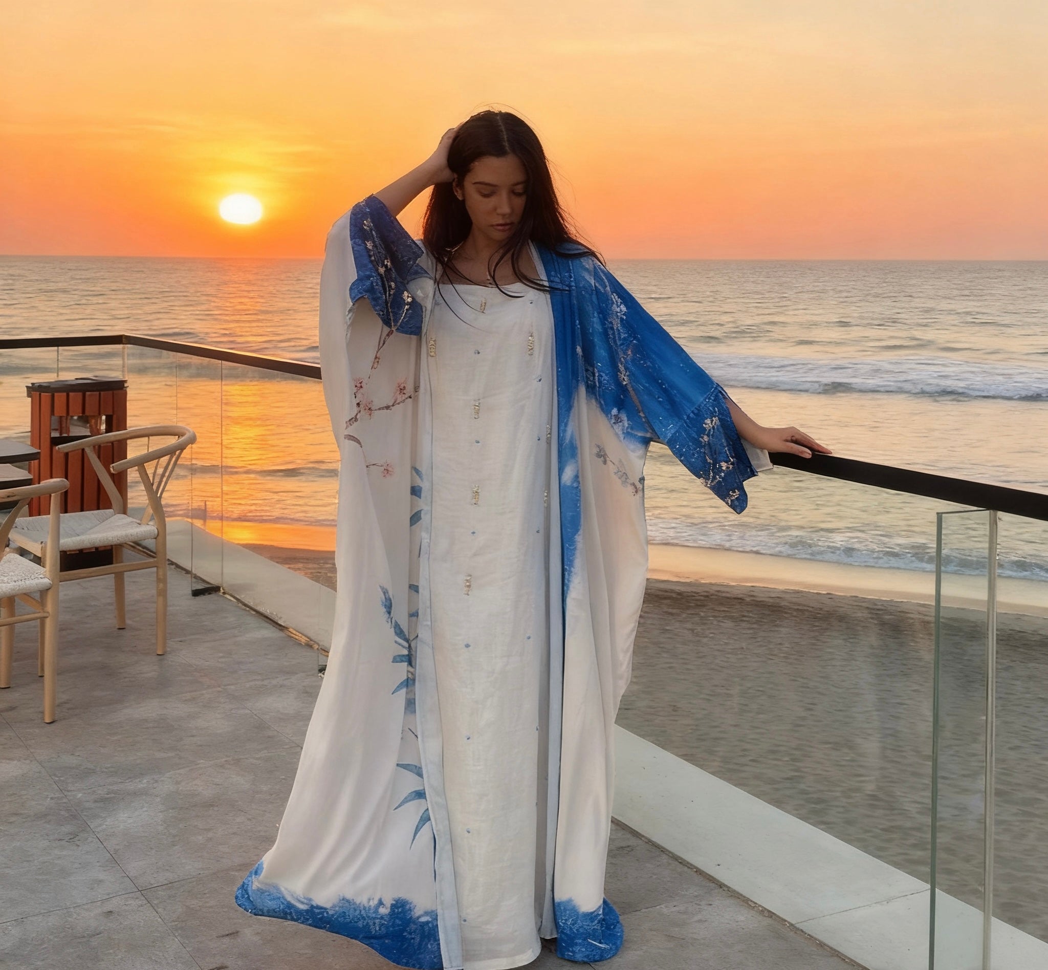 ndigo floral abaya set with matching printed scarf